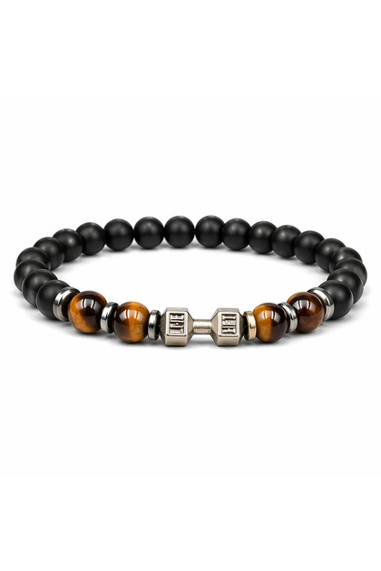 Men's Bracelet Tiger's Eye Natural Stone Dumbell Detailed Hematite Power Focus and Strength Energy