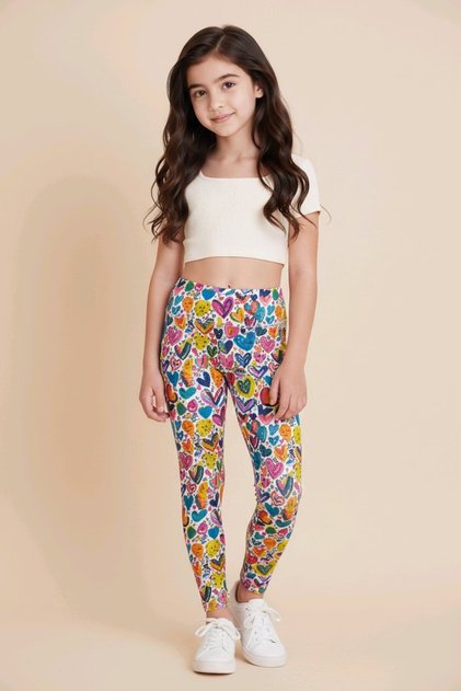 Girls' Colorful Patterned High-Waisted Sports Leggings – Stretchy Fabric, Suitable for Daily & Activity Use