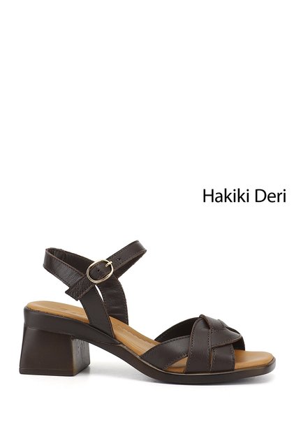 Women's Brown Antique Knitted Strap Thick Heeled Genuine Leather Sandals