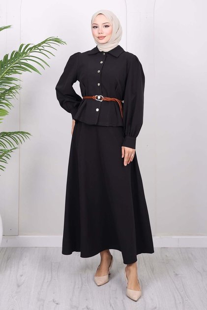 Belt Detailed Skirt Suit Black 19287