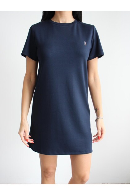 Crep Women's Crew Neck Short Sleeve Mini Dress – Embroidered Diver Fabric Basic Dress in Navy Blue