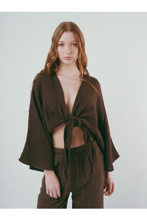 Darlin Moda Kadın Kiremit Rengi Önden Bağlamalı Crop Kimono DM7004
