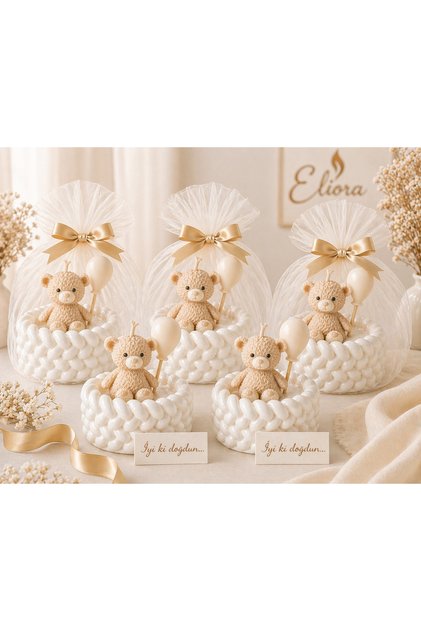 Handmade 5’li Krem Ayıcıklı Mum Seti – Tüllü Hediye Paketli Baby Shower & Doğum Günü
