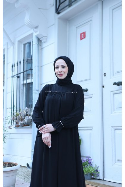 Front and Sleeve End Stone Embellished Shawl Hijab Dress Black Hnt71021
