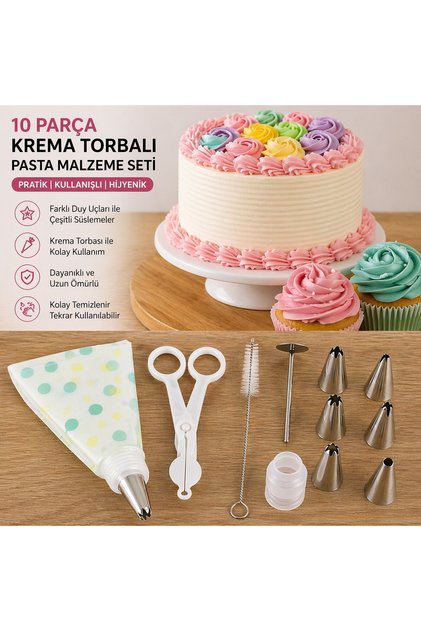 10 Parça Krema Torbalı Pasta Süsleme Seti – Duy Setli Pasta Dekorasyon Kiti