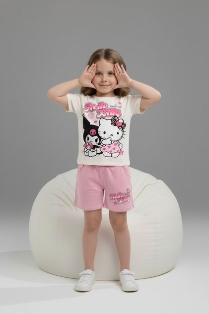 Hello Kity Patterned Shorts and Short Sleeve Set for Girls 6659