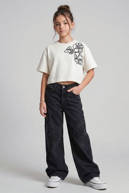 Cotton Embroidered Wide Leg Girls' Jeans