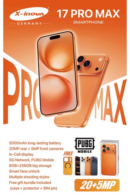 17 PRO MAX 256gb/8gb/20MP Camera/5000MAH/HD+Resolution/China/With Mobile cover
