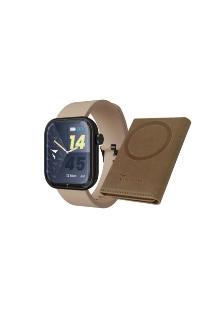 Smartwatch Glam negru cu portofel maro, AMOLED 1,75”