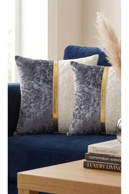 Set of 2 Luxury Premium Gold Striped Double Color Velvet Cushion Covers - Special Design 45X45 cm