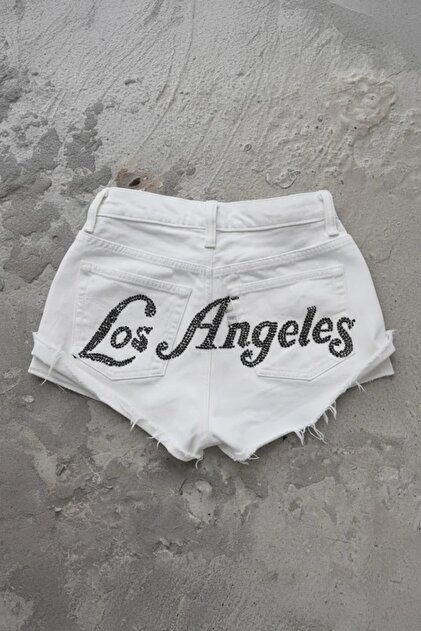 Los Angeles Back Pocket Stone Detail White Short Denim Shorts