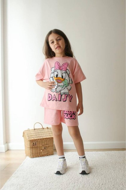 Girl's Character Printed Loose Cut Pink Set Daisy Written T-Shirt and Combed Cotton Shorts Casual Stylish Combination