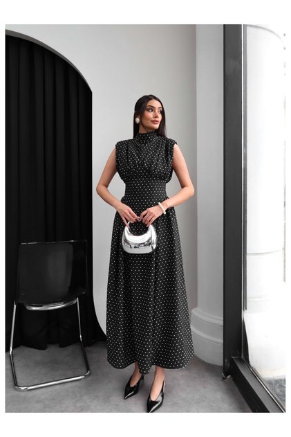 Polka Dot Pattern Padded Shoulders Zero Sleeve Dress