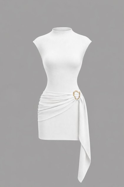 Women's Stand Collar Buckle Detailed Belted Gathering Molded Ecru Dress