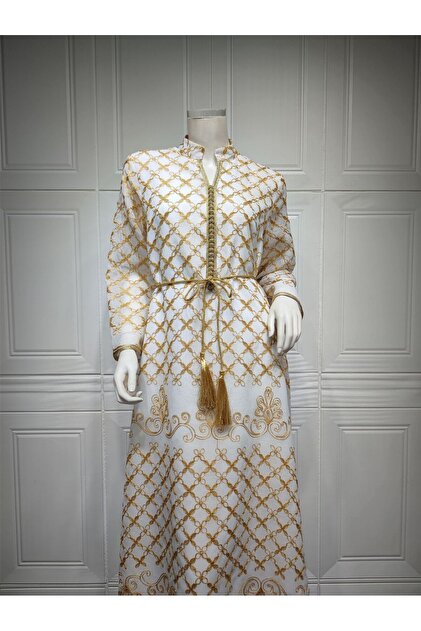 Greneric White Abaya Dress with Gold Geometric Embroidery & Belt, Modest  Kaftan- Trendyol