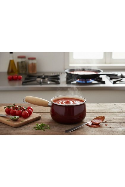 Enamel 14 cm Curved Wooden Handle Sauce Bowl Colorful Claret Red