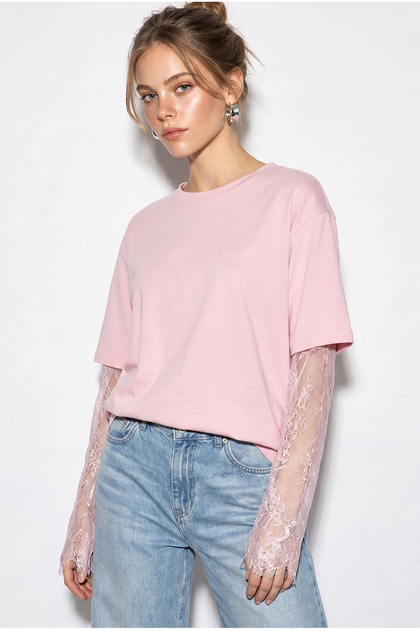 Kadın Pembe Bisiklet Yaka Dantel Kollu Oversize Pamuklu T-Shirt 1049 60286075