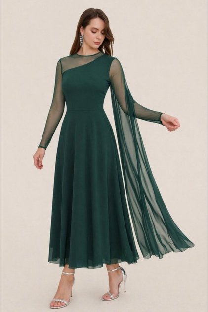 Women's Long Sleeve Tulle Detail Semi-High Neck Sandy Long Evening Dress–Special Occasion, Wedding-Invitation Dress