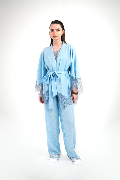Blue Linen French Lace Triple Set