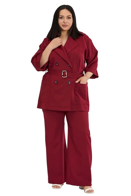 Plus Size Three-Quarter Sleeve Jacket Wide-Leg Trousers Burgundy Two-Piece Set