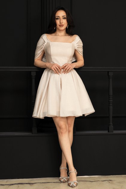 Sleeve Detailed Boat Neck Mini Dress - Cream