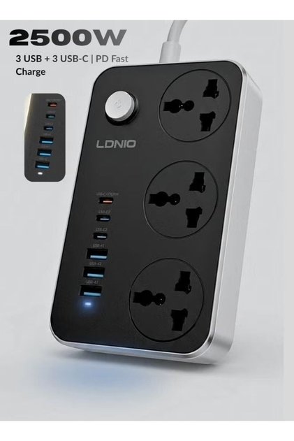 Power Socket with 3 C Port 3 USB-A Extension – 2m Power Strip Charging Station, Perfect for Home/Office Use