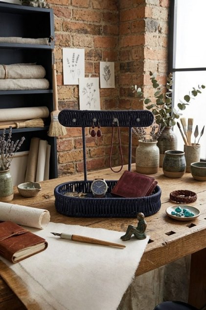 Wicker Hanging Organizer Basket Navy Blue 25*25*14