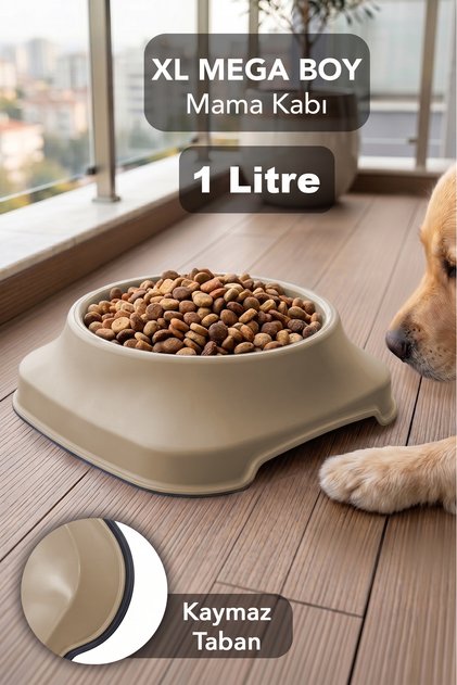1 Lt Kaymaz Taban Kedi Köpek Mama Kabı - XL Mega Boy Evcil Hayvan Su Kabı Mama Kasesi Bej