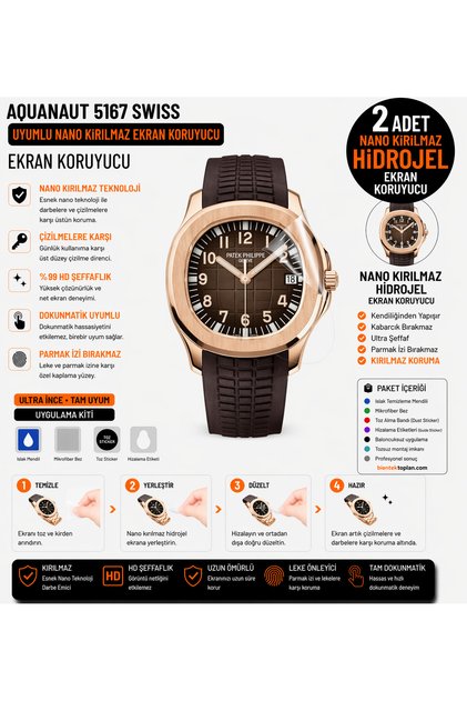 Patek Philippe Aquanaut 5167 Swiss Uyumlu Nano Darbe Emici Kırılmaz Hidrojel Cam Ekran Koruyucu 2 Adet