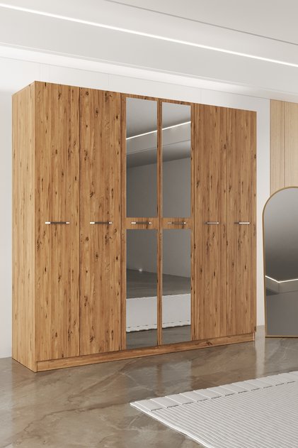 AE-2191 Hisar Atlantik Çam/Atlantik Çam Aynalı 6 Kapaklı Çok Bölmeli Askılı ve Raflı Geniş Hacimli Gardırop 210x210 cm