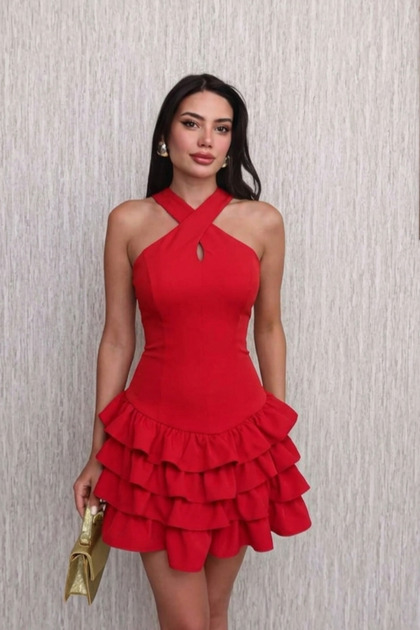 ALFUDO Moda Collection Burgundy Criss-Cross Halter Neck Layered Ruffle Detailed Mini Evening Dress/Graduation Dress- Trendyol ALFUDO Moda Collection Burgundy Criss-Cross Halter Neck Layered Ruffle Detailed Mini Evening Dress/Graduation Dress- Trendyol