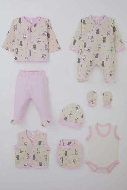 Baby Girl Hospital Release Pack of 8 Colorful Cute Bow Ties and Kittens Patterned 0-3 Months, Cream