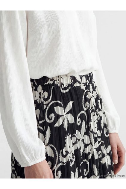Black Floral Chiffon Pleated Skirt with Elastic Waist