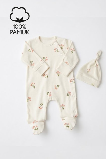Newborn Hospital Release 100% Cotton Floral Side-Opening Romper and Knotted Beanie Set