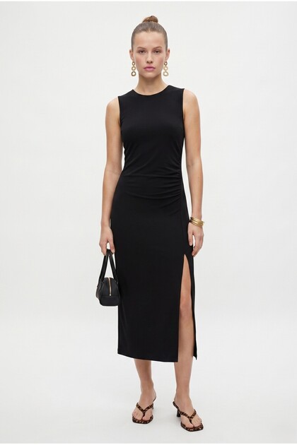 Women's Bengalin Sleeveless Draped Slit Woven Midi Black Dress