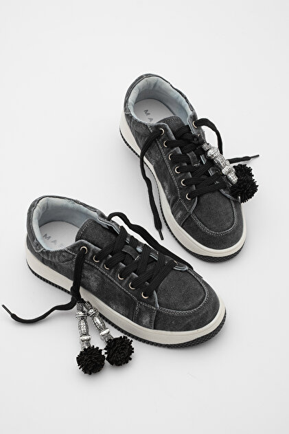 Marjin Kadın Sneaker Kalın Taban Denim Çıkarılabilir Boncuklu