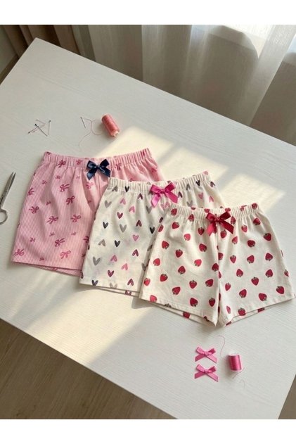 3-Piece Cotton Thin Breathable Satin Ribbon Waist Detail Ribbon-Heart-Strawberry Patterned Shorts Single Bottom Pajamas