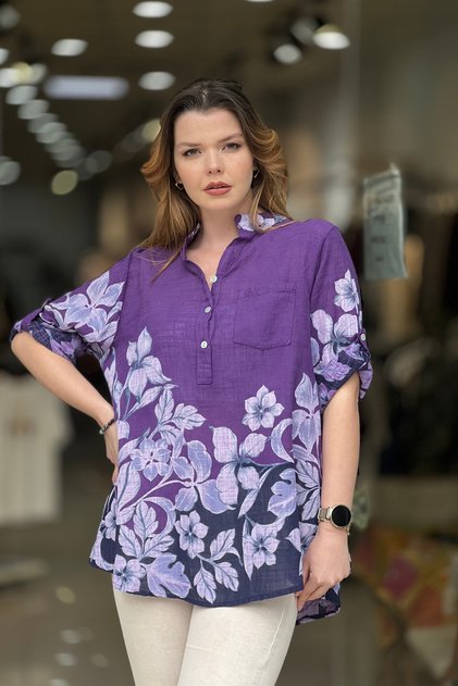 Women's Multi-Colored Patterned Italian Style Half-Button Judge Collar Blouse
