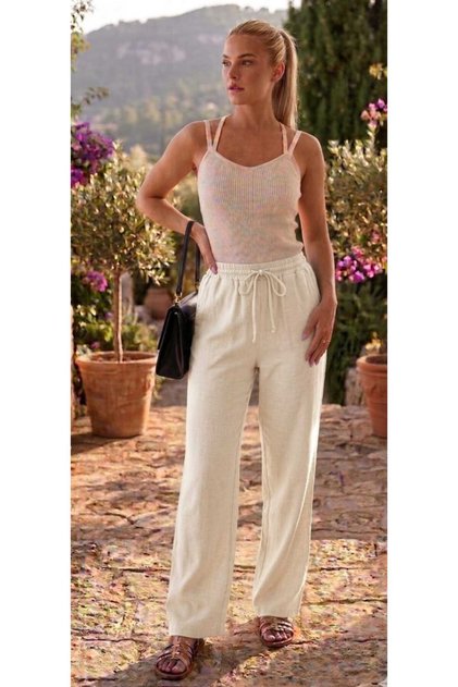 Linen Cream Trousers Women's Pocketed Cotton Oversize Original Palazzo Cut Look Loose Casual Comfortable