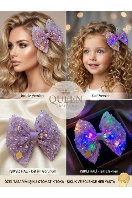 Luxury Led Lighted Pearl Sequin Beaded Shiny Lilac Purple Tulle Bowknot Clasp Clip-On Clasp 3 Modes Lighted