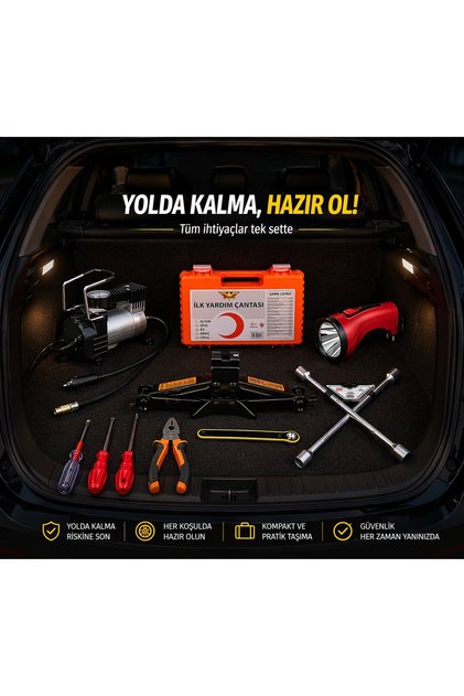 Full Araç Acil Durum Trafik Seti Kriko Kompresör İlk Yardım Çantası Bijon Set