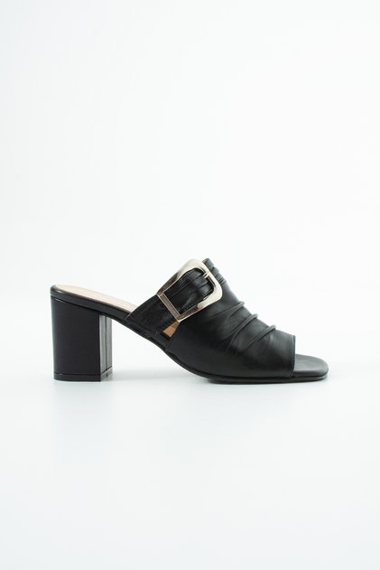 Legacy Genuine Leather Women's Black Thick Heeled Pleated Slippers