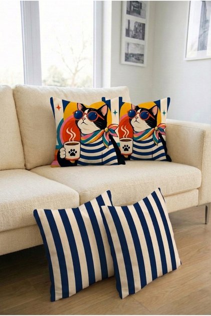Colorful Cat and Striped Pattern Digital Printed Energetic Themed Digital Printed 4-Piece Throw Pillow Cover