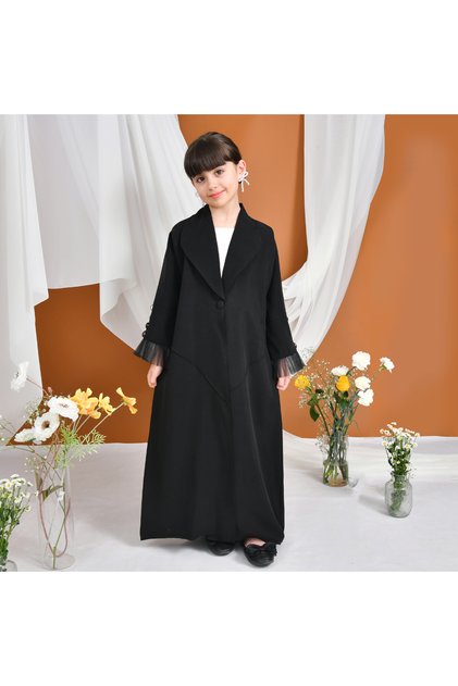 Abaya Tulina |   Soft Black Design, Classic Collar and Chiffon Ruffled Sleeves