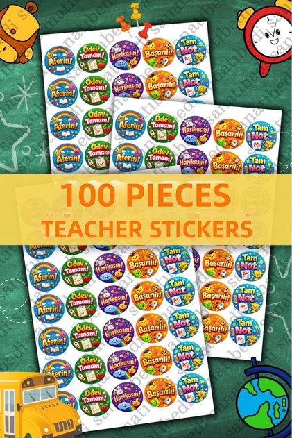 100 Turkish Teacher Stickers - Waterproof Homework School Report Card Motivational Stickers