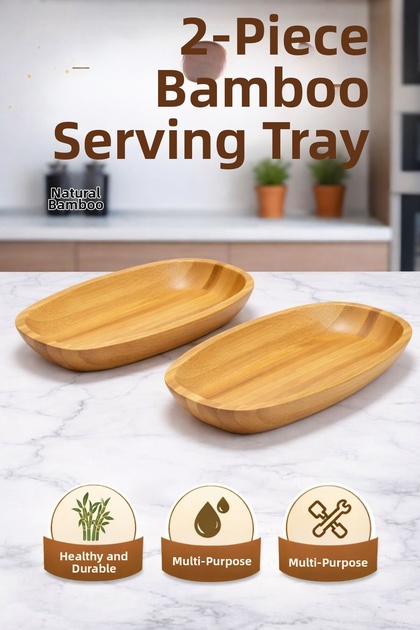 2-Piece Bamboo Presentation Plate, Kayık Serving Plate, Breakfast Snack Plate, Natural Wood