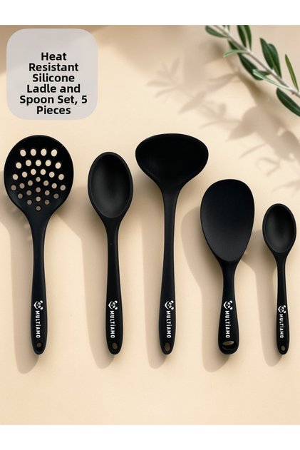 Heat resistant silicone ladle and spoon set 5-piece 28cm ladle/sieve, 8cm/22cm/20cm spoons