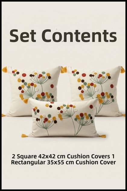 Polen Punch Embroidered Decorative Throw Pillow Set 2 Square 1 Rectangular Throw Pillow Cover 3-Piece Boho Modern Living Room Set