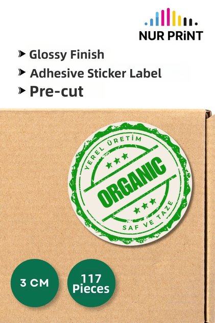 Adhesive Sticker, Organic Label Round Diameter 3 Cm, Glossy Finish with the Words'Local Production Organic Pure and Fresh', 117 Pcs