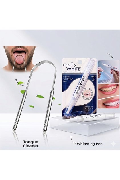 Premium Oral Care & Smile Design Set: Stainless Steel Tongue Scraper + Dazzling White Teeth Whitening Pen